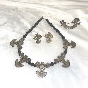 Black lapis and sterling Mayan inspired necklace set